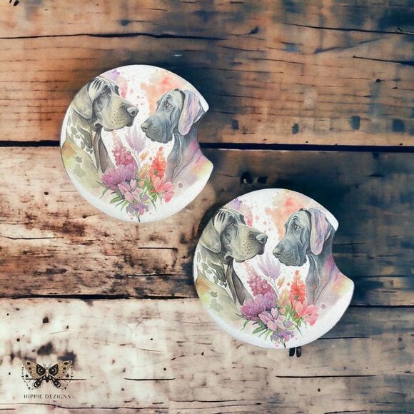 Floral Great Dane Car Coaster Set | Car Accessories - Picture 3 of 8
